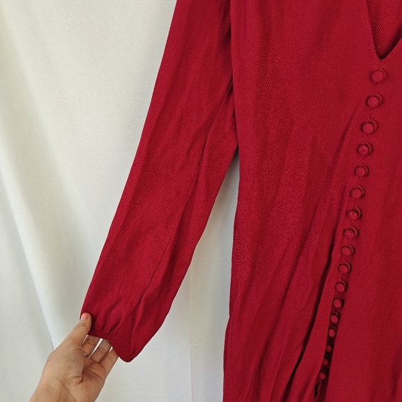 Reformation Mini Dress Slit Button Up Long Sleeve Deep V In Red Size 4 Women's - Picture 5 of 13